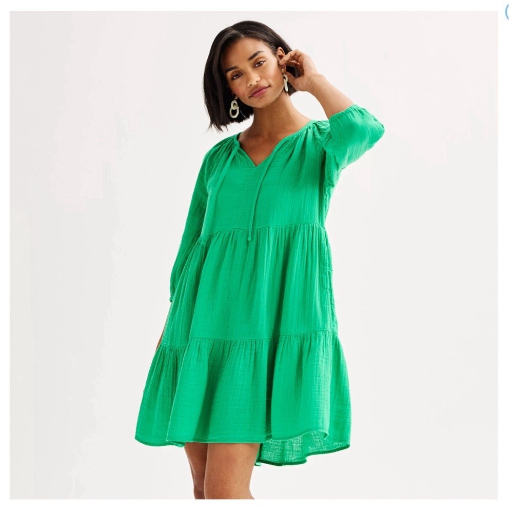 Sonoma Goods For Life Womens Green Cotton Gauze Tiered Mini Dress Large New